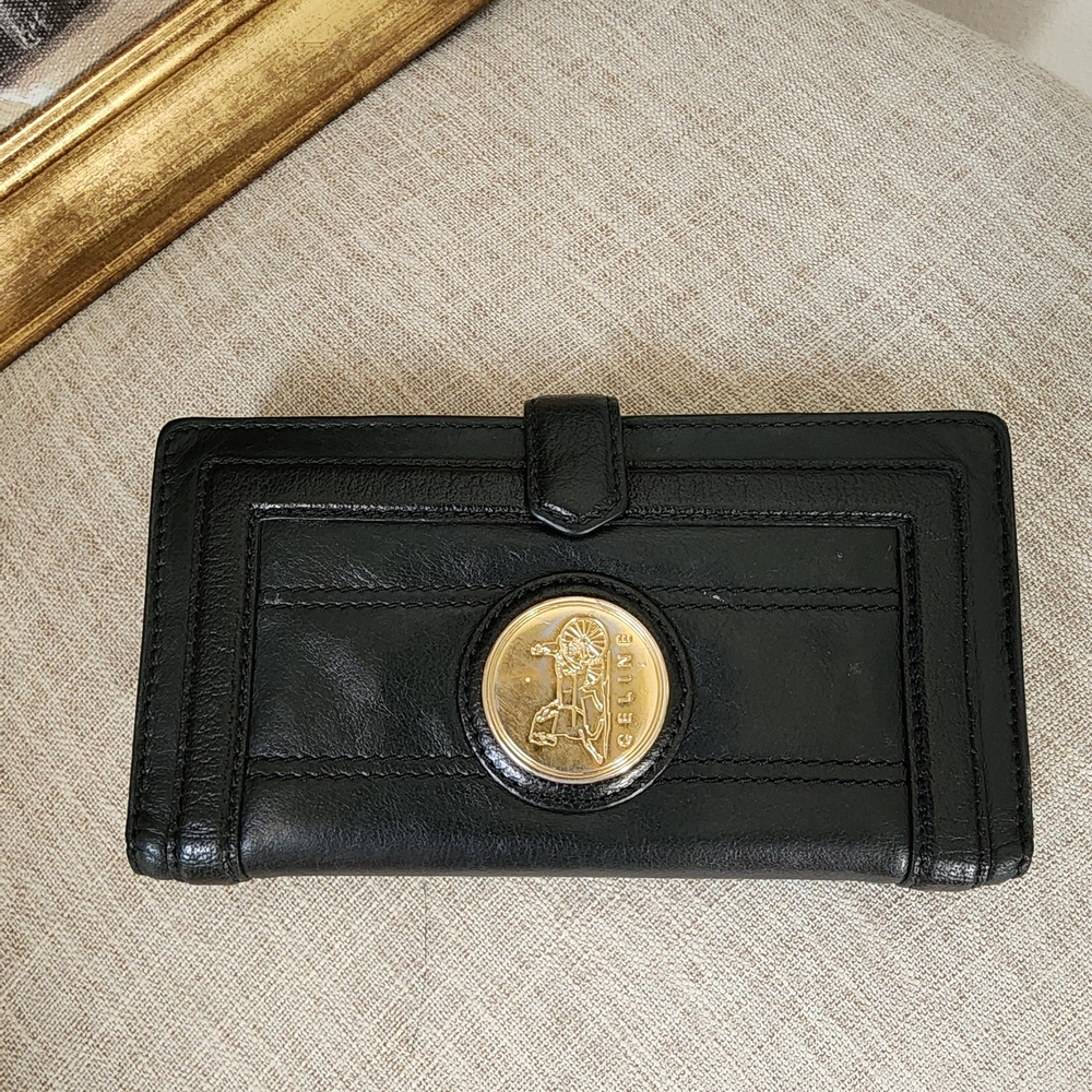 Celine Beautiful And Soft Black Leather Full Size Wallet with Gold Medallion